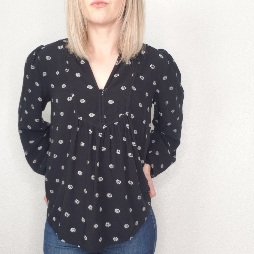 Loft Black Floral Geometric Peasant Blouse top - Picture 1 of 8